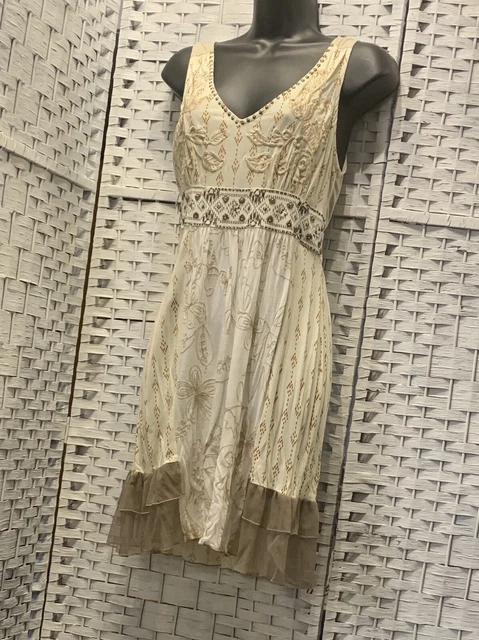 Krista Lee V Neck Beige Embroidered Sleeveless Top or Dress Patchwork Sz S 