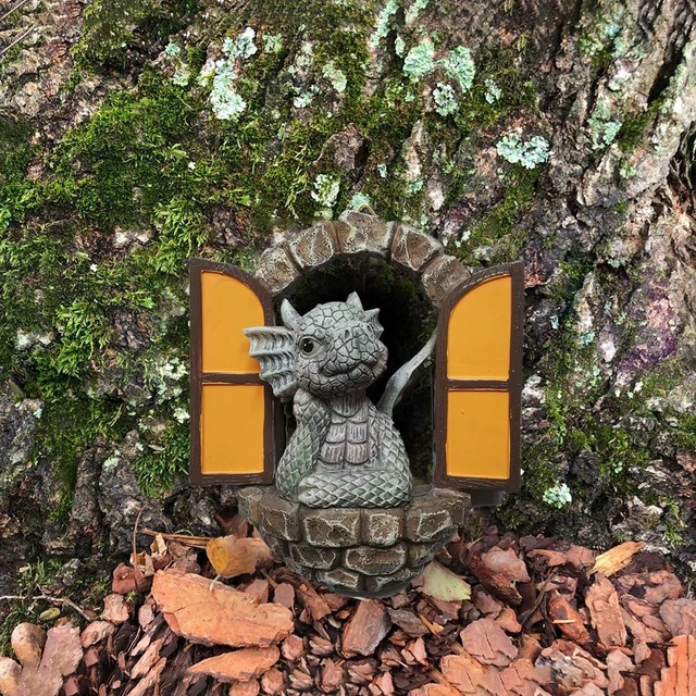 DINOSAUR CLIMBING WINDOWS Sculpture Garden Dragon Opening Door Statue ...