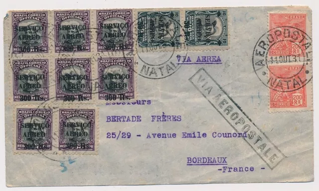 Lettre Brésil Aeropostal Natal Serviçio Aereo Bloc France Cover Brief Brazil