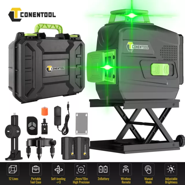 Laser Level 12 Lines Green Light 3D Auto Self Leveling 360° Rotary Cross Measure