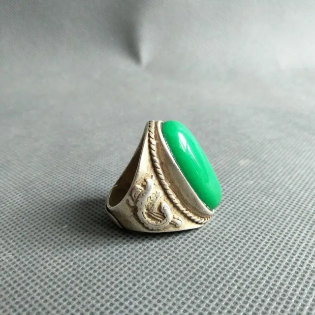 Exquisite  Old Chinese tibet silver inlay green jade Ring