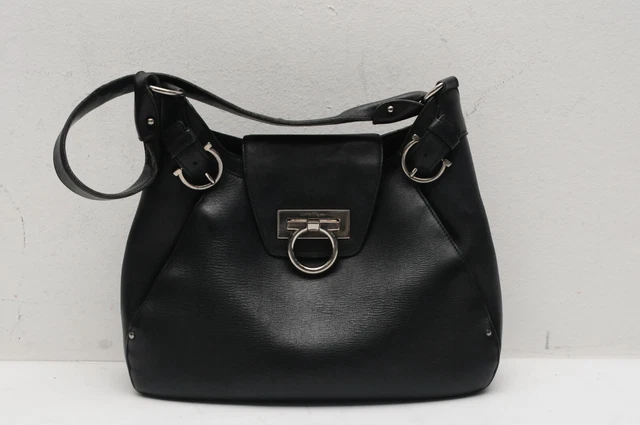 Salvatore Ferragamo Gancini Black Leather Shoulder Hobo Bag   Au-21 4407