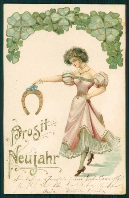Art Nouveau Lady Four Leaf Clover Happy New Year postcard TC5095