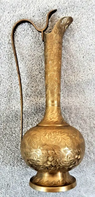 10" Solid Brass Oil Decanter Pitcher Hand Etched Handled Design India Vintage