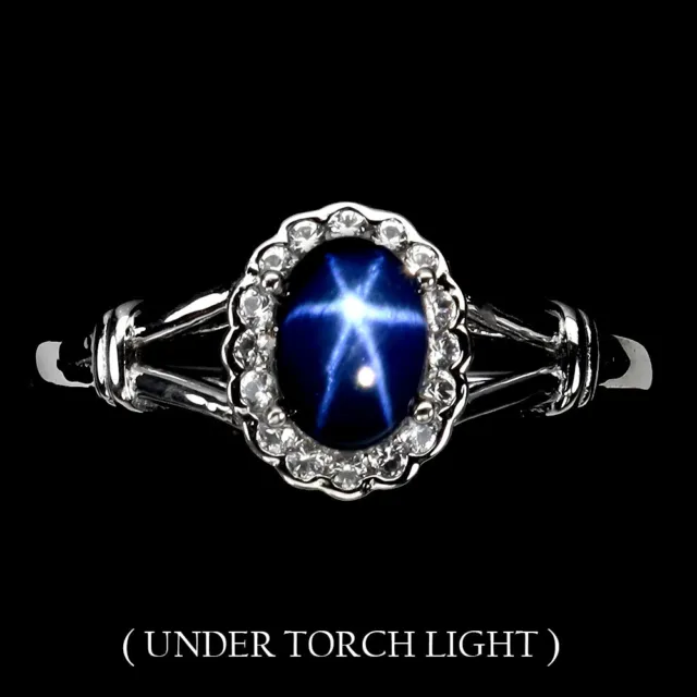 Diffused Oval 6 Rays Star Sapphire 7x5mm White Topaz 925 Sterling Silver Ring 8