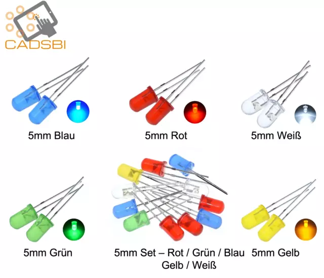 5mm LED Diode | 30° | 20mA | Rot | Blau | Grün | Gelb | Weiß