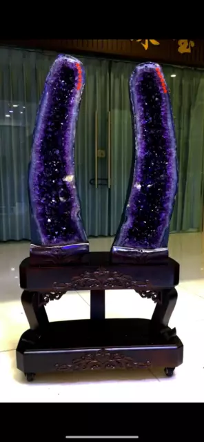 233LB TOP A pair Natural Amethyst geode quartz crystal Furnishing articles+stand