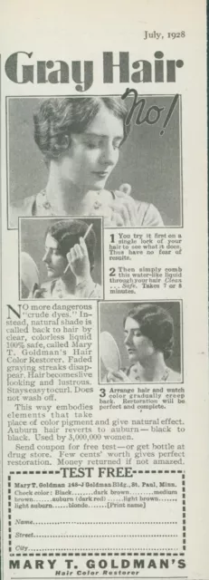 1928 Mary T Goldmans Hair Color Restorer No Gray Hair Free Test Vtg Print Ad PR1