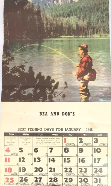 Vintage store advertising calendar Bea and Dons Fishing 1948 12 months