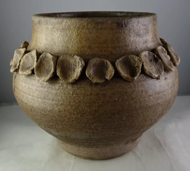 Brown Vintage Studio Art Pottery Vase Urn Cypher Signed Applied Shoulder Prunts