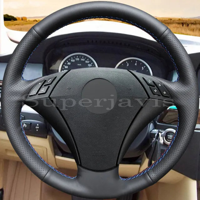 Black Perforated Leather Hand Sew Wrap Steering Wheel Cover for BMW E60 E61 520i