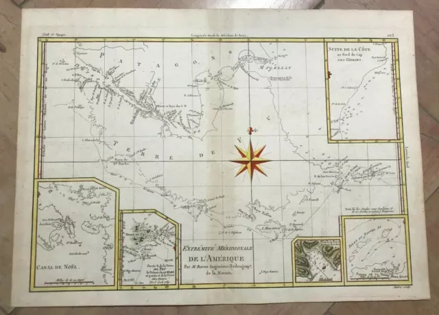 STRAIT OF MAGELLAN 1780 by RIGOBERT BONNE ANTIQUE MAP XVIIIe CENTURY IN COLORS