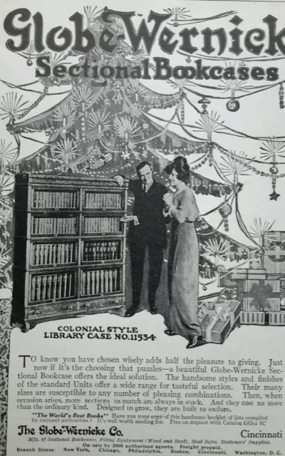 1914 Globe Wernicke Sectional Bookcase Christmas ad + Business show x2 print ads