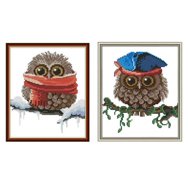 2 Juegos Búho Pintura Algodón Ecológico Costura Juego de Bordados Kits de Adorno