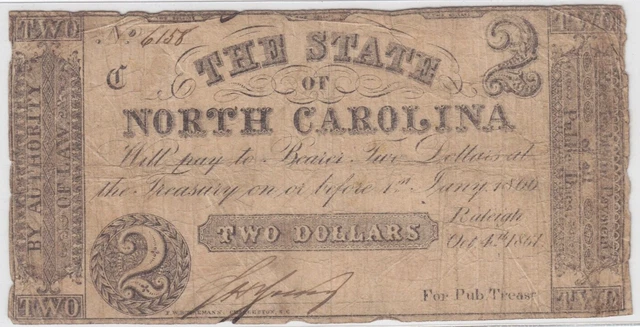 1861 State of North Carolina $2 Obsolete Note NC #6158