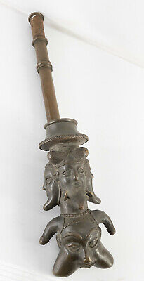 Large Antique African Benin or Bamun Bronze Tobacco Pipe with Faces