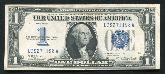 Fr 1606 1934 $1 One Dollar “Funnyback” Silver Certificate About Uncirculated