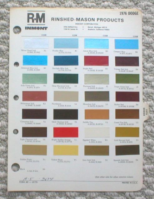 1976 DODGE COLOR Chip Sample Paint Chart Brochure: R-M £6.55 - PicClick UK