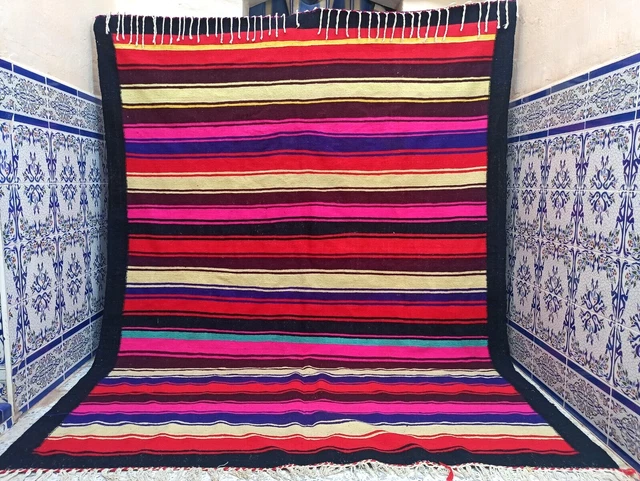 Vintage Moroccan Rug Handmade Azilal Kilim Berber Authentic Carpet Wool Tribal