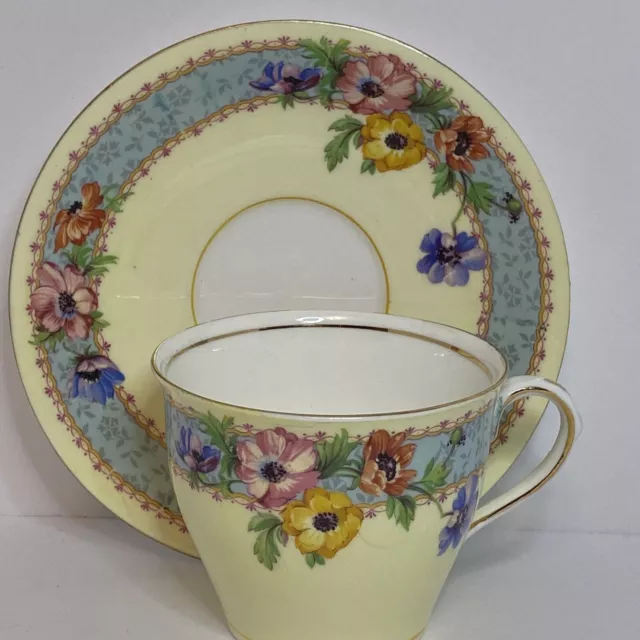 Vintage Aynsley Tea Cup and Saucer Yellow Blue Band Floral Bone China England 2