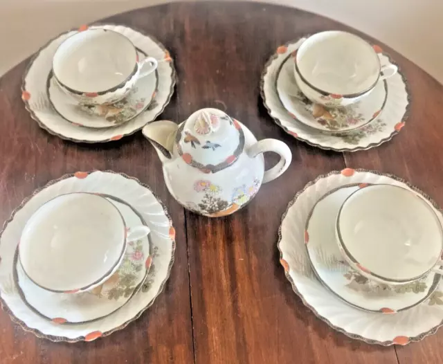 Vtg. Japanese Kutani eggshell Lunch Tea set Quails & Flowers-14 pieces-marked 2