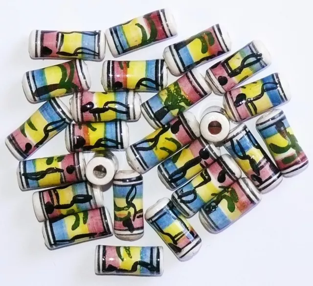 25 Handbemalte Keramik Perlen Peru: 15 mm blau gelb rosa Rasta  Schmuck basteln