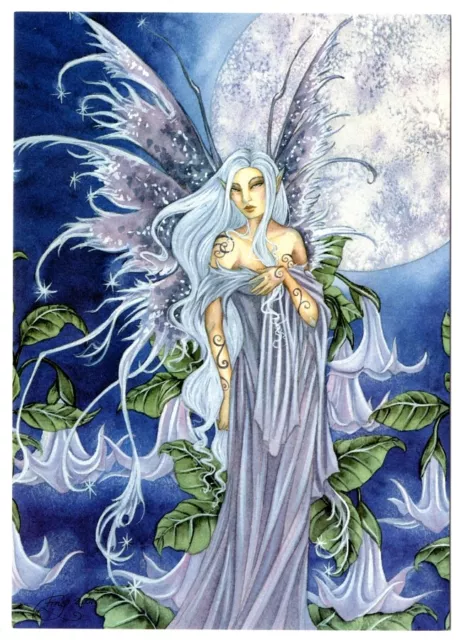 AMY BROWN NEW & MINT FAIRY POSTCARD/MINI ART PRINT SILVER Haired FULL MOON FAERY