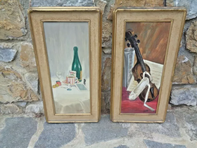 2 oli su masonite nature morte con cornice dorata