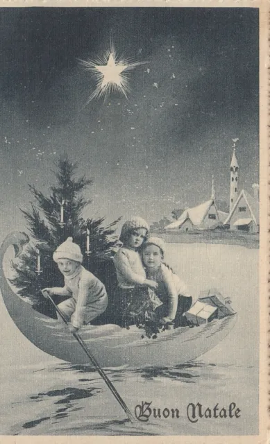 Cartolina Auguri-Feste Buon Natale Bambini Magia Natalizia Viaggiata 1915