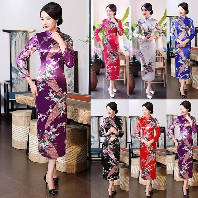 Abito da donna Cheongsam stampato da festa retrò moda abito formale collare in piedi