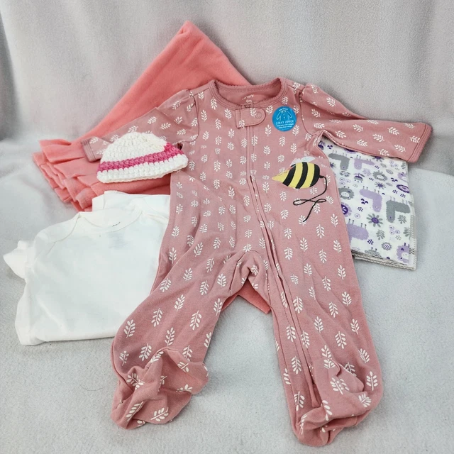 7 pc Baby Girl Layette Knitted Hat Carter's 6mo Sleeper 2 T-Shirt 2 Burp Blanket