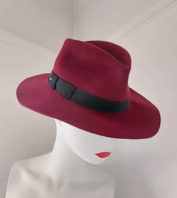 Womans Wool Felt Fedora Hat Burgundy with Black Ribbon Size 57