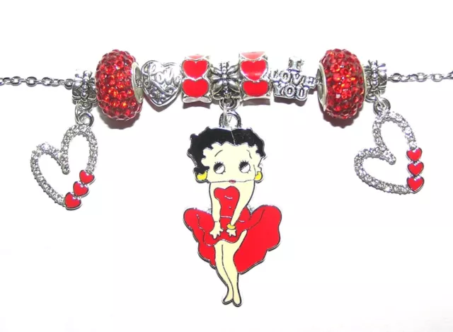 Betty Boop Necklace, Valentine's Day Love, Red, Hearts, Sparkling Crystals