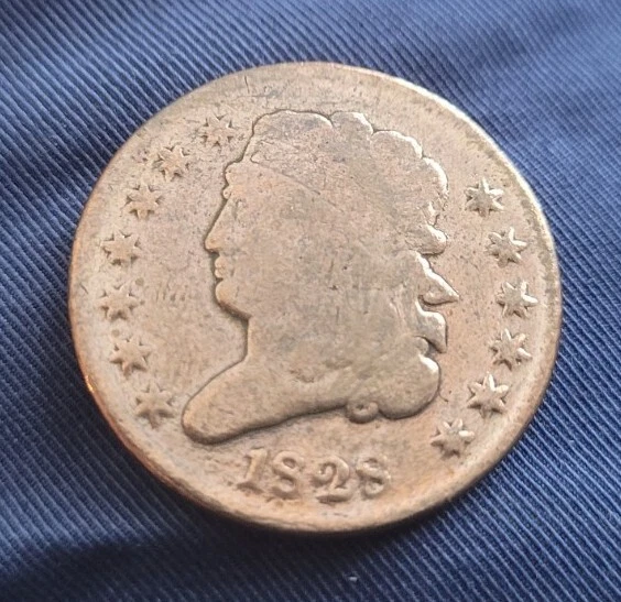 1828 Classic Head 13 STARS US Copper Half Cent 1/2C Harshly Cleaned