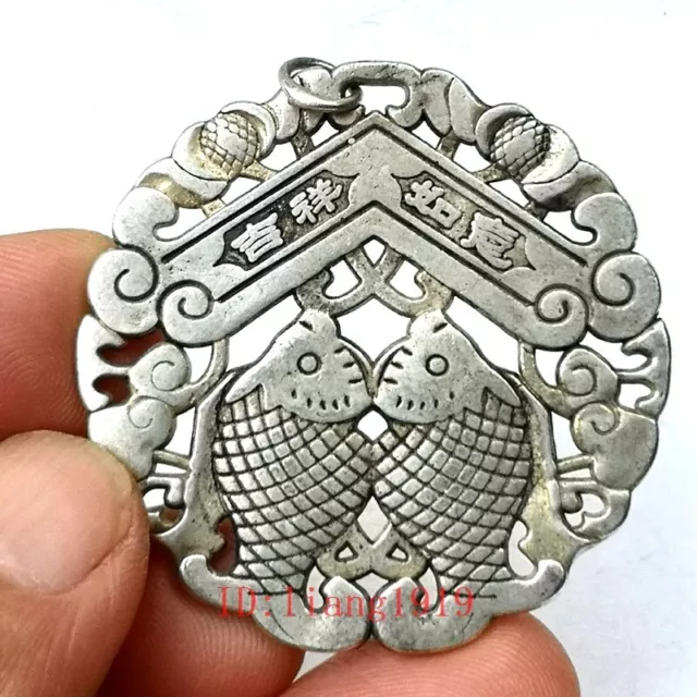 Collection Old Chinese Tibet Silver Carving Fish Necklace Pendant Decoration