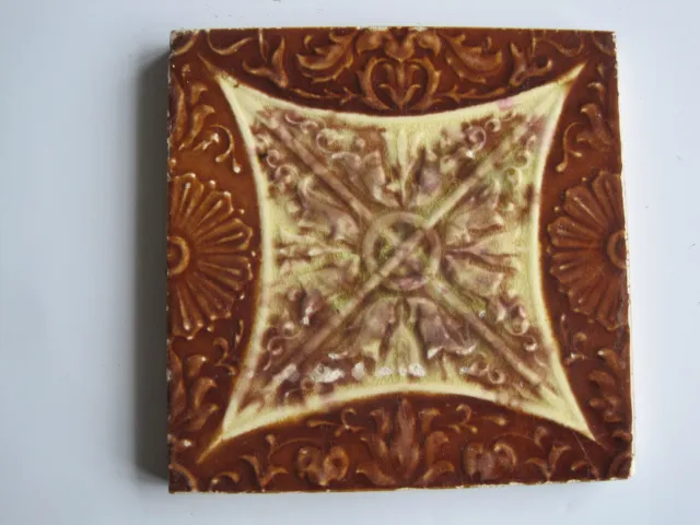 Antique Victorian 6" Relief Moulded & Majolica Glazed Tile - Brown & Cream