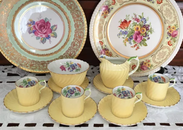 Vintage Aynsley Bone China England Yellow & Floral Set Of Demitasse Duos C1930'S