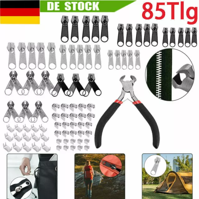 85x Reißverschluss Reparatur Set Zipper Schieber Metall Repair Ersatz & Zange DE