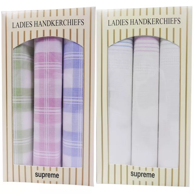 Womens Ladies 100% Cotton Hankies Hankerchiefs Multi Pack Of 3 Gift Box 29X29 Cm