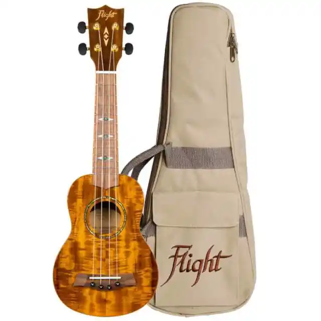 Flight DUS445 Glossy Acacia Sopran Ukulele Korpus Akazie Arched Back Gigbag Uke