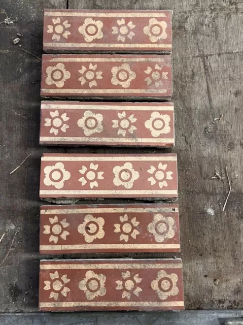 Vintage Antique Victorian Maw & Co 6” x 2” Border Encaustic Floor Tiles Reclaim