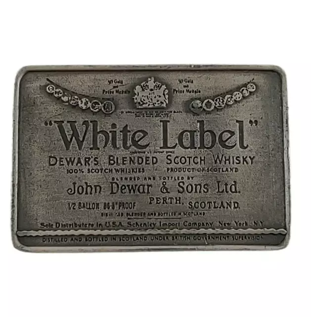 1975 White Label Dewars Blended Scotch Whiskey Belt Buckle V93 2 1/4" x 3 1/4"