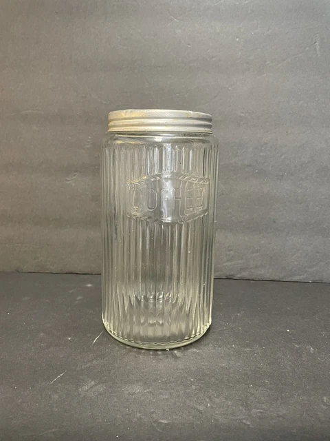 Vintage Hoosier Cabinet Ribbed Glass Coffee Jar Canister W/Lid