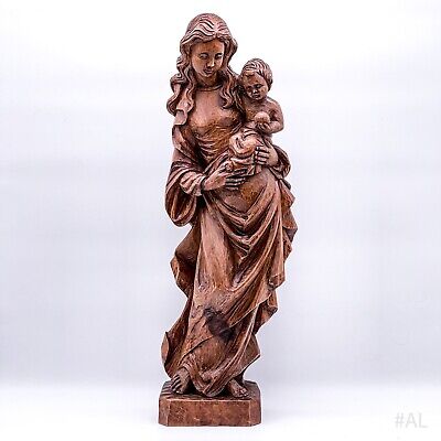 Antique Wooden Figure Madonna with Child Religious Wood Work, Soft 22 13/16in