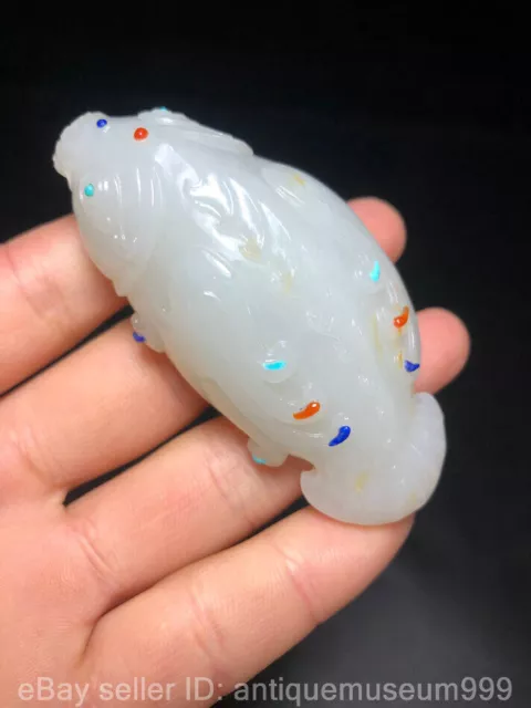 3" Chinese Natural Hetian Jade Nephrite Carving Colourful Fish Statue