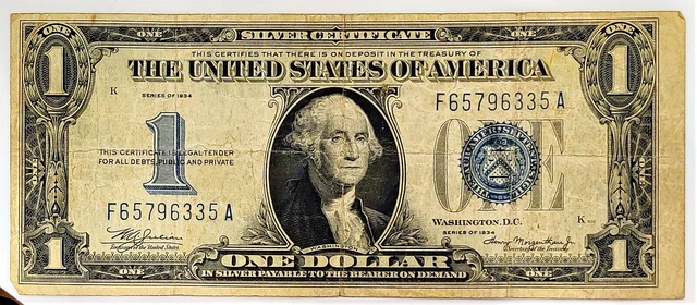 1934 One Dollar Silver Certificate - $1 Blue Seal Note -Shipped in Sleeve