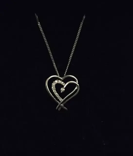 H Samuel 9ct White Gold 0.10ct Diamond Double Heart Pendant 18” Curb Chain BNIB