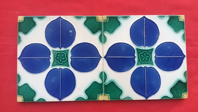 2 Pieces Old Art Flower Design Embossed Majolica Ceramic Tiles Japan 0238