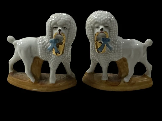 2 Antique German Porcelain White Poodle Dog Basket Figurine Staffordshire Style
