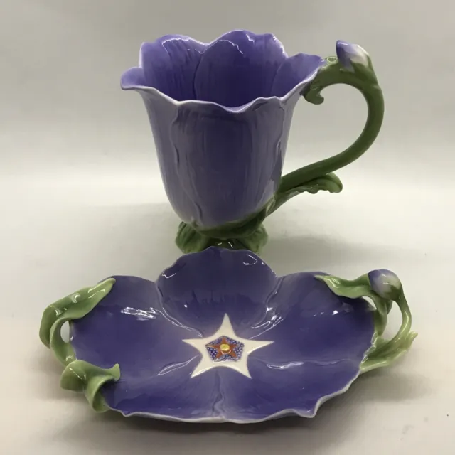 RARE! Franz Porcelain Collection Purple Periwinkle Mug FZ01044 & Saucer FZ01042